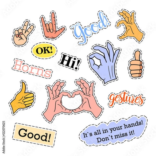 Fototapeta Fashion patch badges. Hands set. Stickers, pins, patches and handwritten notes collection in cartoon 80s-90s comic style. Trend. Vector illustration isolated. Vector clip art.