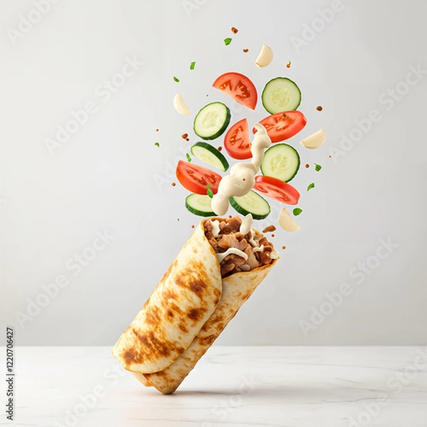Fototapeta Doner kebab or shawarma with ingredients floating in the air: beef meat, lettuce, onion, tomatos, spice. White background. Copy space.