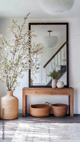 Fototapeta Scandinavian modern minimalist hallway interior design with a large painting on the wall.