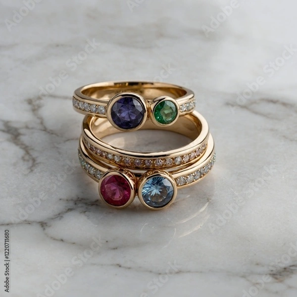 Fototapeta "A trio ring set with different gemstones, displayed on a polished white marble surface."