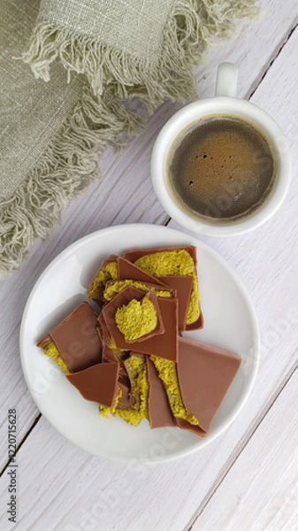 Fototapeta Flat lay of Trendy Dubai style chocolate with coffee on the white wooden table