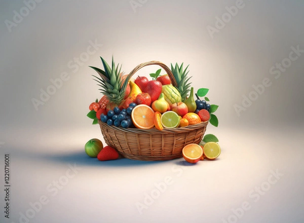 Fototapeta A wicker basket overflows with a vibrant assortment of fresh fruit.  The grainy texture of the basket contrasts beautifully with the glossy sheen of the fruit.  Sunlight illuminates the scene, enhanci