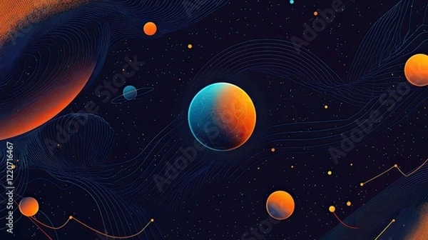 Fototapeta Cosmic Journey Through Space with Planets, Colorful Orbs, and Stellar Background Illustrating Universe Exploration and Celestial Wonders