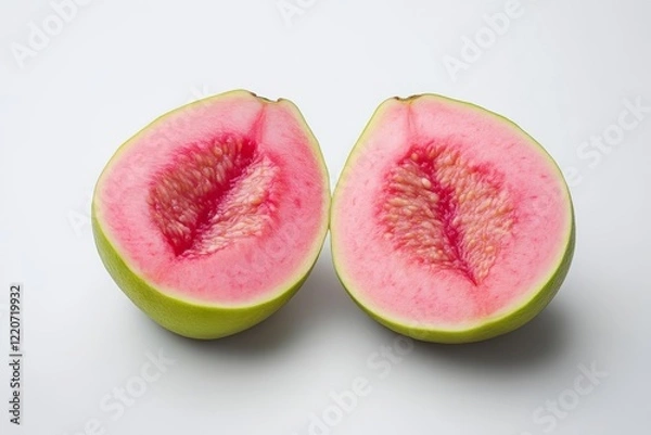 Obraz A vibrant pink-fleshed guava cut in half, showcasing its unique texture and color against a simple white background.