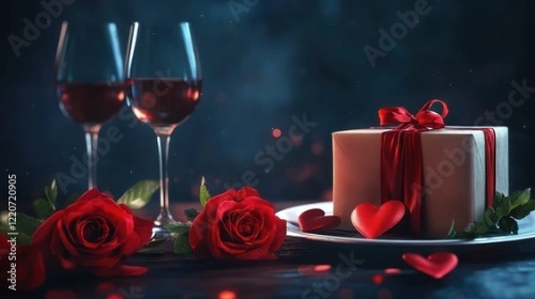 Fototapeta Romantic valentine's day dinner setting with roses, wine, and gift box