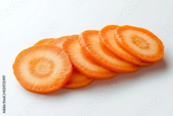 Fototapeta Freshly sliced orange carrots arranged in a neat line on a light background, showcasing their vibrant color and circular patterns.