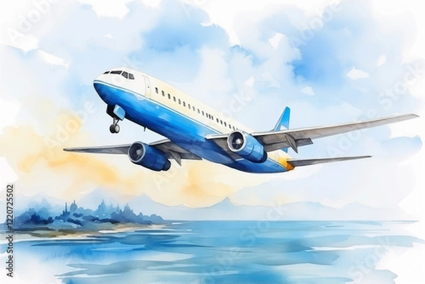 Fototapeta A top view of a passenger airplane flying over coastline shore in watercolour technique 