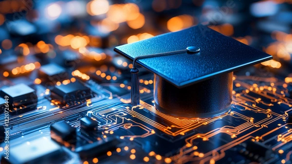 Obraz Graduation Cap on Circuit Board Symbol of Technological Advancement in Education
