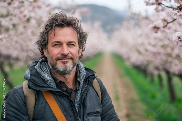 Fototapeta Farmer smiling in blooming orchard during spring season