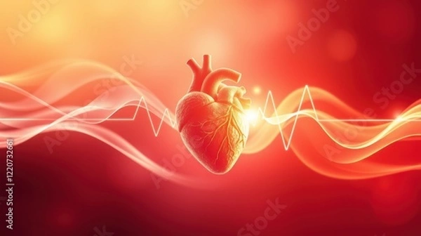 Fototapeta A glowing, stylized heart on a vibrant red background, symbolizing love, life, and vitality with flowing waves representing heartbeat.