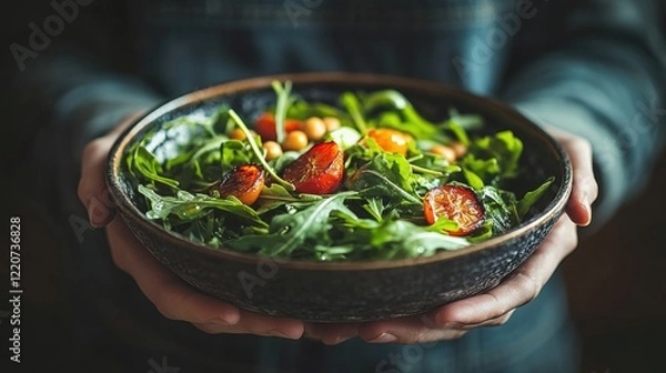 Fototapeta Fresh Salad with Cherry Tomatoes and Greens in a Rustic Bowl