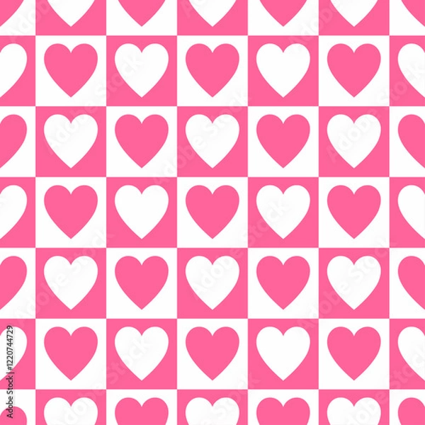 Fototapeta A seamless pattern with interlocking pink and white hearts, arranged in a checkered style. Ideal for romantic themes such as Valentine's Day, invitations, backdrops, packaging, or fabric patterns.