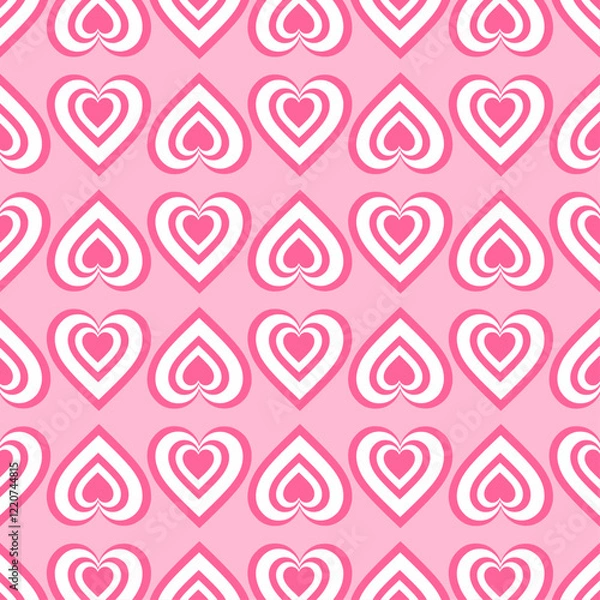 Fototapeta Seamless pattern of pink and white heart shapes with concentric lines. Ideal for romantic themes such as Valentine's Day, invitation cards, backgrounds, packaging, or fabric patterns.