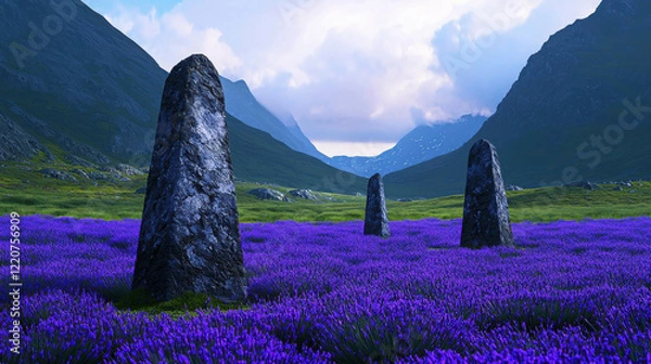 Fototapeta Hidden Valley Surrounded by Luminous Mountains with Lavender Fields and Standing Stones