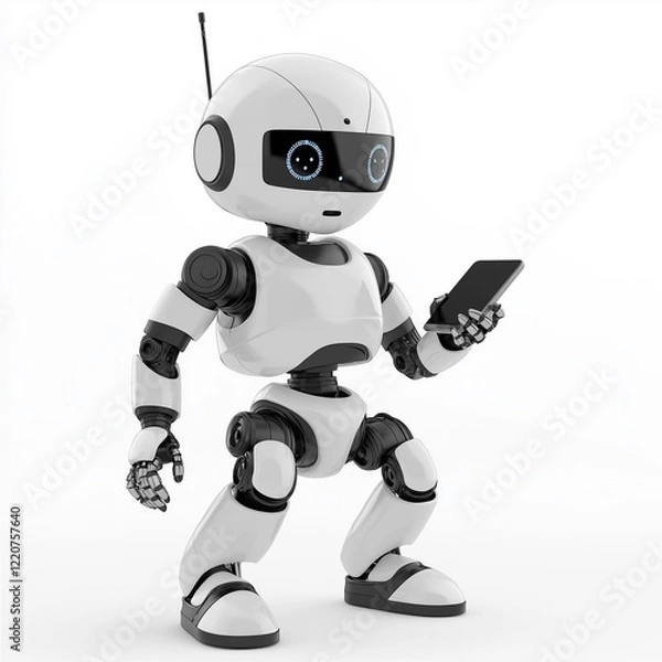 Fototapeta Futuristic white robot with humanoid features holding a smartphone on a white background