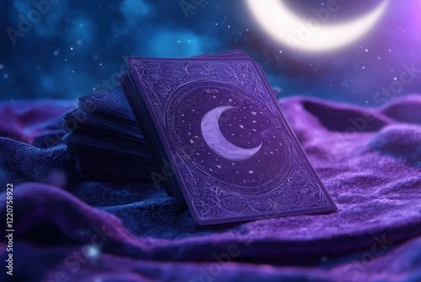 Obraz Mystical tarot cards with crescent moon design under starry night sky