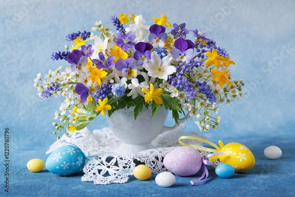 Obraz Easter beautiful card with a bouquet of spring flowers in a cup, eggs, candies on a white and blue background