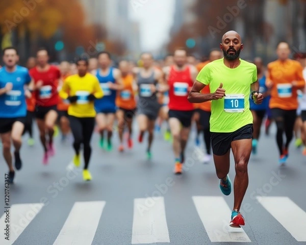 Fototapeta A vibrant marathon scene with a diverse group of runners, led by a man in a bright green shirt, racing through an urban environment.