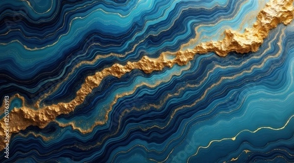 Fototapeta Fluid abstract design with blue and gray marble textures, enhanced by luminous gold elements, creating a rich, sophisticated appearance.