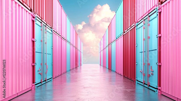 Fototapeta Rows of pastel pink and light blue shipping containers extend toward a vibrant sky, creating a surreal and colorful landscape. The reflective surface of the ground enhances the dreamy atmosphere.