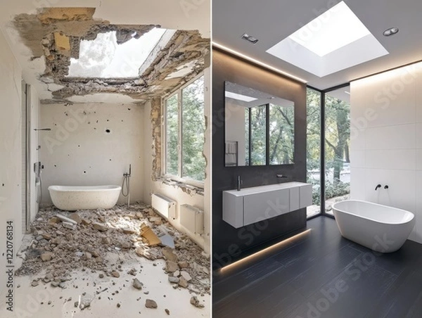 Fototapeta A picture shows a bathrooms transformation before and after remodeling