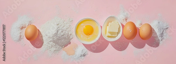 Fototapeta Playful Baking Flat Lay with Vibrant Tools,
Whimsical Arrangement of Baking Supplies