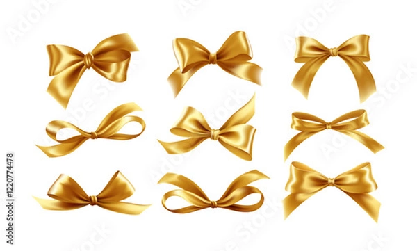 Fototapeta  Ribbons and Bows Set on White Background. A set of  golden ribbon bows in various styles, perfect for decorating gifts, events, and celebrations.
