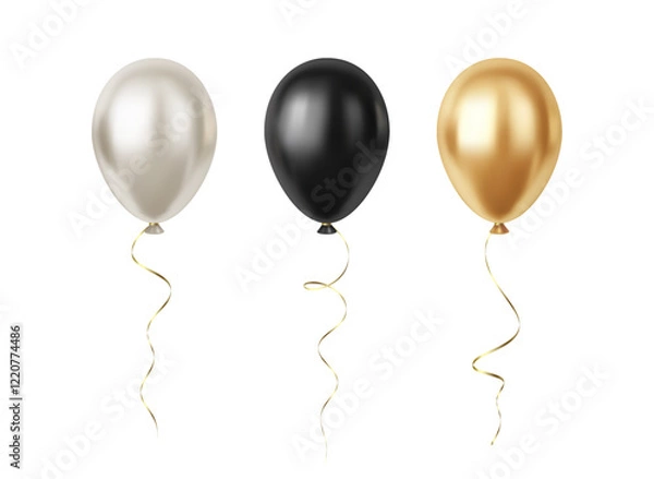 Fototapeta Set of Realistic 3D Silver Gold Black Party Event Balloons Isolated on White Background