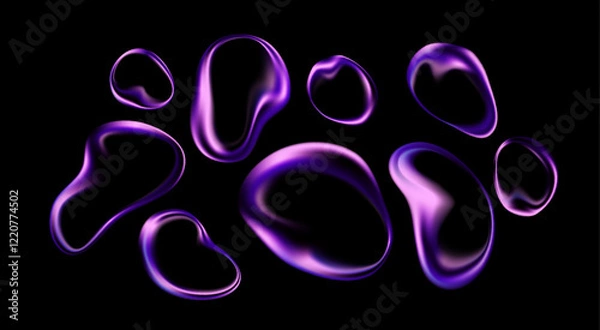 Fototapeta Abstract Purple Liquid Shapes on Black Background. Vivid abstract purple liquid shapes with a glowing appearance against a black background. Vector illustration