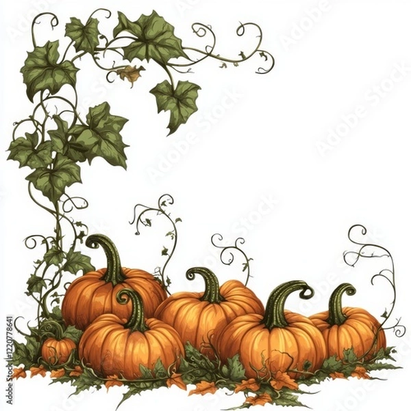 Fototapeta Vibrant Pumpkin Harvest with Green Ivy and Whimsical Scrollwork for Autumn Decor