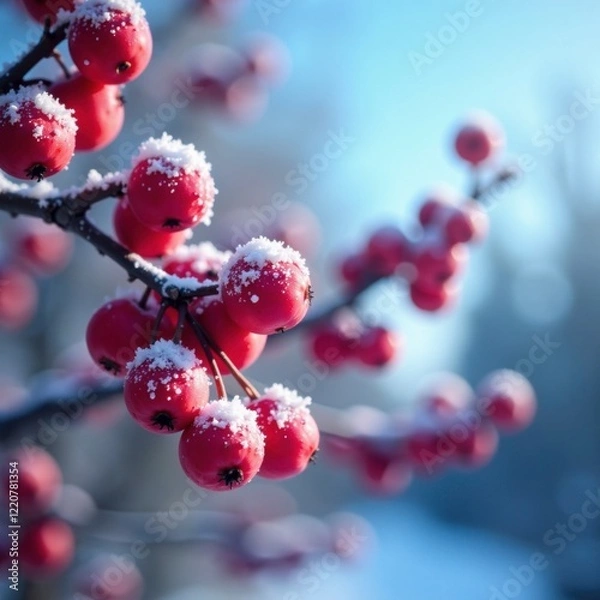 Fototapeta Frozen red viburnum berries on a clear blue winter sky, frozen berries, forest background