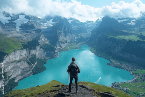 Fototapeta Photo d’un homme en randonnée sur un sentier de montagne avec vue panoramique