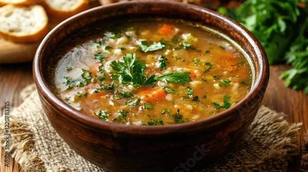 Fototapeta A close-up of a bowl of authentic local soup, garnished with fresh herbs. 