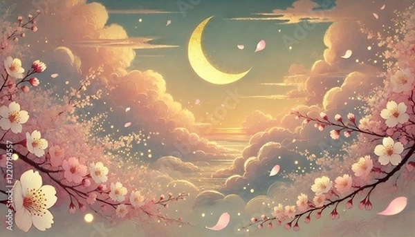 Obraz A serene and dreamlike landscape in traditional Japanese ukiyo-e style, featuring a delicate crescent moon glowing with golden light in the sky, surrounded by light clouds