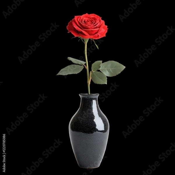 Fototapeta A single red rose elegantly placed in a black vase.