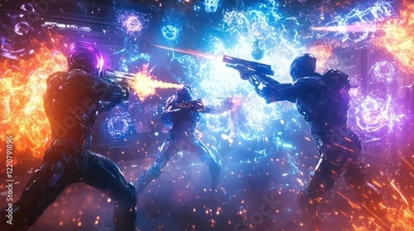 Fototapeta Epic Sci-Fi Soldiers in High-Tech Armor Engaged in Futuristic Space Battle