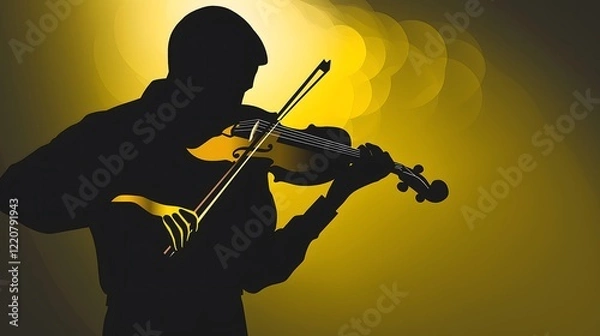 Fototapeta Dynamic Silhouette of a Violinist with Glowing Yellow and Black Gradient Background, Capturing the Elegance and Artistry of Playing the Violin with Dramatic Lighting and Silhouette Effect