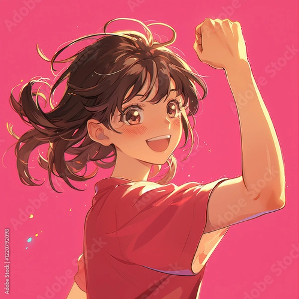 Obraz A vibrant anime-style illustration of a cheerful young girl with a bright smile and a confident pose. School girl raising her fist up in the air. Soft and radiant colors.