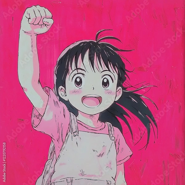 Fototapeta A vibrant anime-style illustration of a cheerful young girl with a bright smile and a confident pose. School girl raising her fist up in the air. Soft and radiant colors.