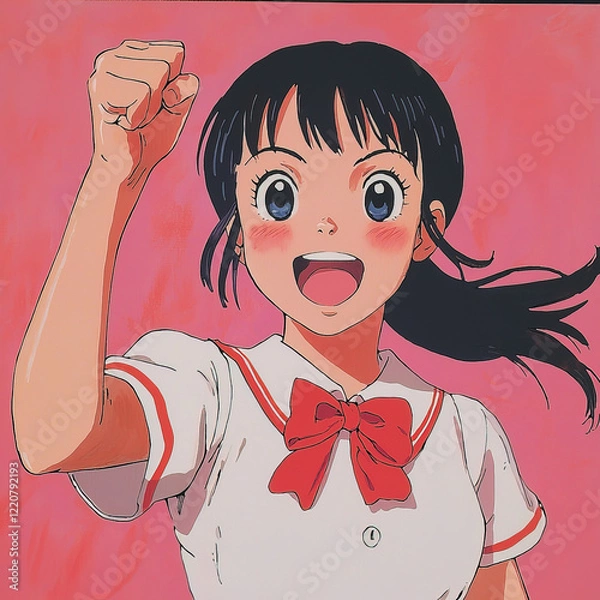 Fototapeta A vibrant anime-style illustration of a cheerful young girl with a bright smile and a confident pose. School girl raising her fist up in the air. Soft and radiant colors.