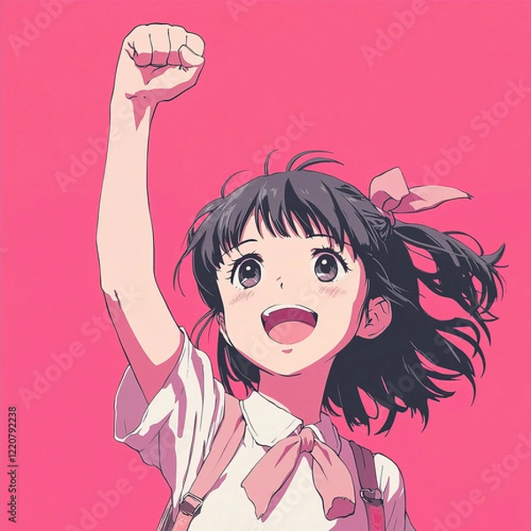 Obraz A vibrant anime-style illustration of a cheerful young girl with a bright smile and a confident pose. School girl raising her fist up in the air. Soft and radiant colors.