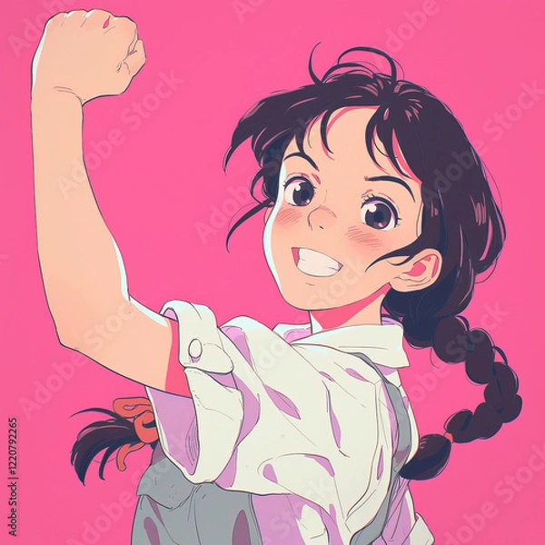 Obraz A vibrant anime-style illustration of a cheerful young girl with a bright smile and a confident pose. School girl raising her fist up in the air. Soft and radiant colors.