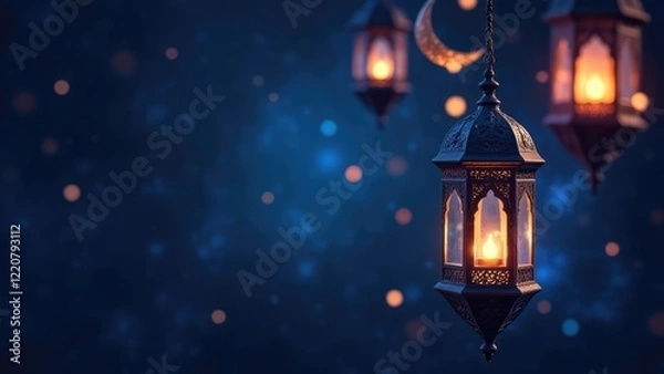 Fototapeta Hanging ornate arabic lanterns glow with a crescent moon in a dark, bokeh-filled sky. Muslim holy month Ramadan Kareem concept. Eid al-Fitr