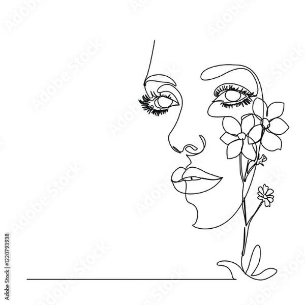 Fototapeta Woman Line Art. Continuous one line drawing Woman face with flowers line. Vector illustration