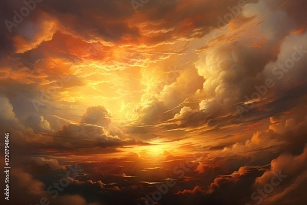Fototapeta Warm, golden clouds with touches of red and orange, illuminated as if by a sunset