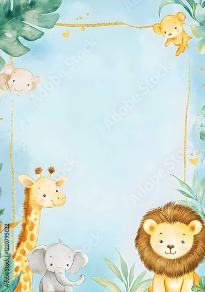 Fototapeta A colorful illustration featuring cute jungle animals in a playful setting.