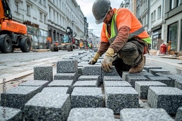 Obraz Skilled workers lay stones on a bustling city street during a sunny afternoon
