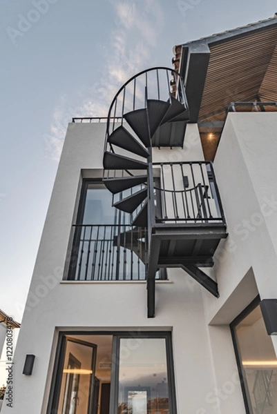 Obraz a portrait image of an outdoor spiral staircase in luxury mediterranean real estate 