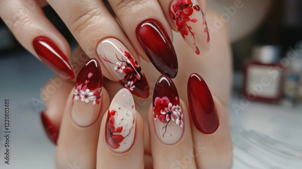 Fototapeta Elegant Red Nail Art with Delicate Floral Accents