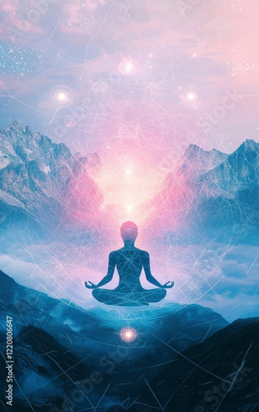Obraz Serene Mountain Meditation: A silhouette of a person meditating in a lotus position, peacefully perched atop a misty mountain peak, bathed in the ethereal glow of a celestial sunrise.